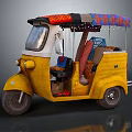 Yellow Traditional Three Wheeled Motorcycle With Colorful Canopy And Seats Details