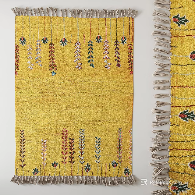 Yellow Square Rug With Colorful Floral Patterns And Fringe Tassels Design 3d model 