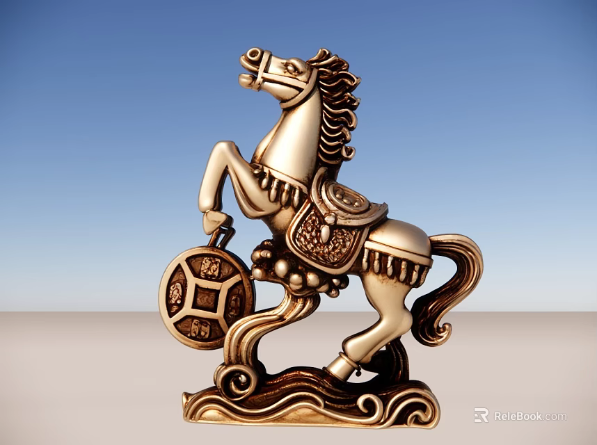 Golden Rearing Horse Sculpture With Circular Base And Wave Patterns 3d model