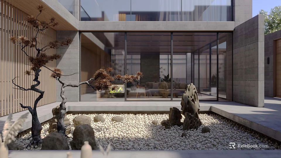 Modern Zen Garden Landscape With Stone Arrangement Pebble Bed And Glass Walls 3d model 