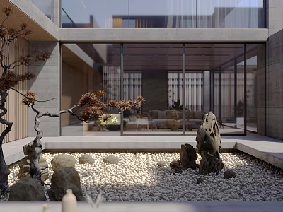Modern Zen Garden Landscape With Stone Arrangement Pebble Bed And Glass Walls 3d model