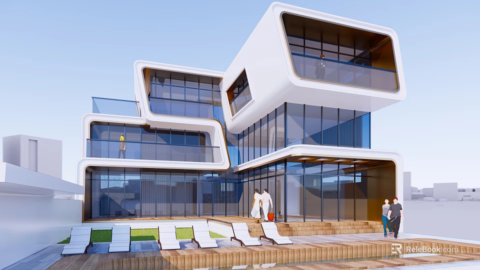 Modern Detached Villa With Large Glass Walls Wooden Deck And Sun Loungers 3d model 