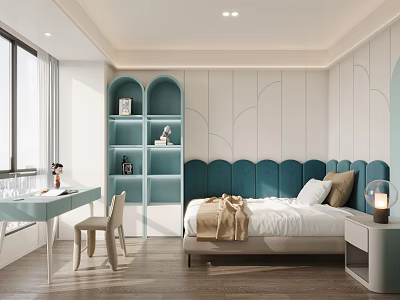 Kids Room Interior Design With Teal Headboard Bed Desk Bookshelf And Light Blue Walls 3d model