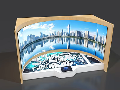Modern Sand Table With Curved Large Screen Showing Cityscape With Reflection And Building Models 3d model