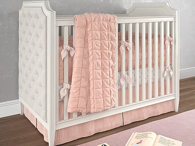 White Baby Crib With Diamond Tufted Headboard Pastel Pink Quilted Blanket And Cozy Nursery Setting 3d model