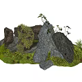 Lush Natural Rock Scene With Mossy Stones Green Grass And Small Ferns