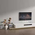Modern White TV Stand with Wall Mounted TV Vase and Decorations in Living Room