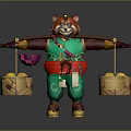 Game Movie Character Red Panda in Green Outfit Carrying Pole with Baskets of Yellow Fruits