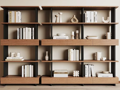 Modern Wooden Storage Shelves With Books Decorative Ornaments And Open Tiers 3d model