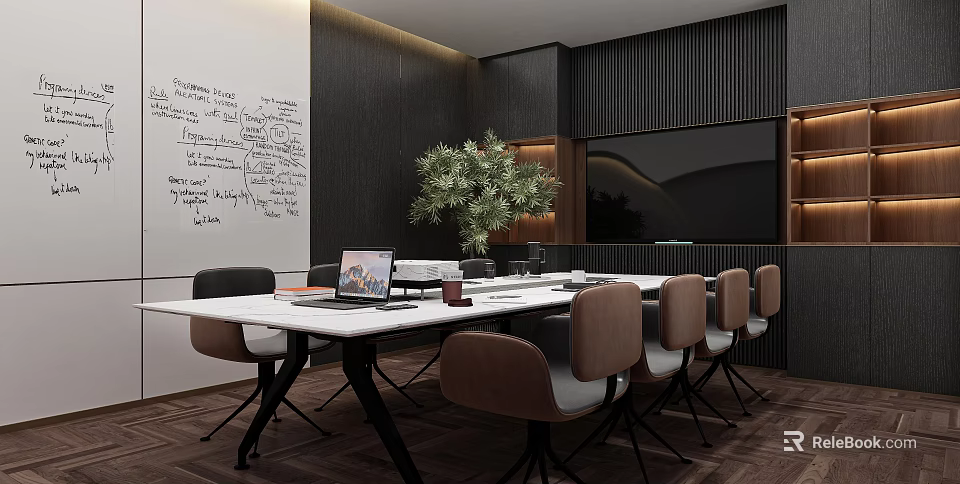 Modern Dining Table Set Featuring White Long Table Black Chairs Green Plant And Chalkboard Wall 3d model 