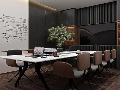 Modern Dining Table Set Featuring White Long Table Black Chairs Green Plant And Chalkboard Wall 3d model