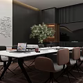 Modern Dining Table Set Featuring White Long Table Black Chairs Green Plant And Chalkboard Wall