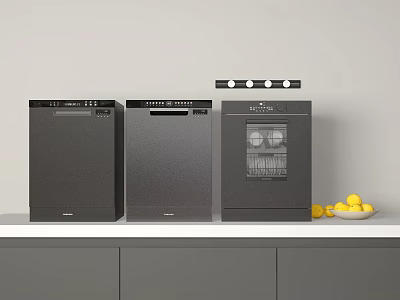 Modern Black Kitchen Appliances on White Countertop with Yellow Fruits Gray Cabinets and LED Lights 3d model