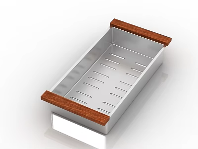 Stainless Steel Kitchen Tray With Wooden Handles And Perforated Bottom Design 3d model