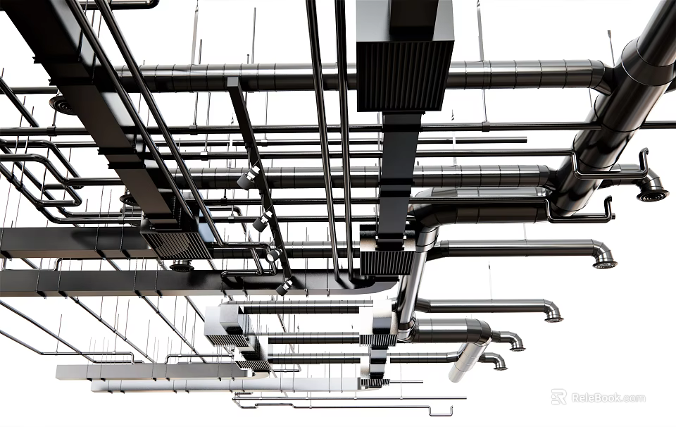 Industrial Black Metal Pipes Interconnected On Ceiling With Complex Network Structure 3d model 