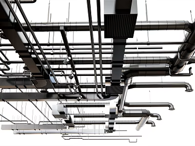 Industrial Black Metal Pipes Interconnected On Ceiling With Complex Network Structure 3d model