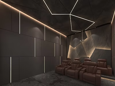 Modern Home Theater Room Interior With Leather Recliner Seats Paneled Walls And Ambient Lighting 3d model