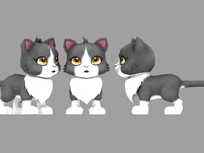 Cute Cartoon Kittens In Three Angles With Gray White Fur Pink Ears And Yellow Eyes 3d model