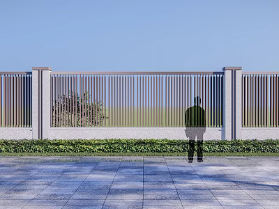 Modern Scenic Wall With Vertical Slats Stone Base Greenery And Person Silhouette 3d model