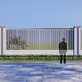 Modern Scenic Wall With Vertical Slats Stone Base Greenery And Person Silhouette