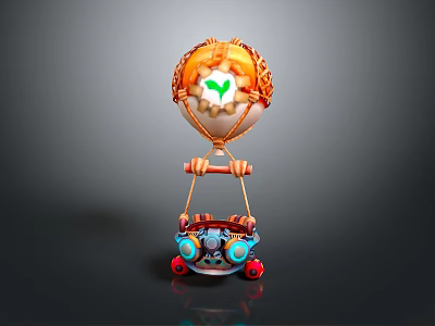 Colorful Water Vehicle With Orange Hot Air Balloon Blue Body Green Emblem And Red Wheels 3d model