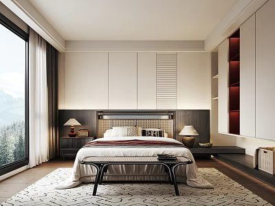 Modern Bedroom Interior With Large Window Soft Bed Area Rug And Nightstands 3d model