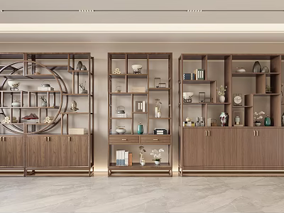 Modern Chinese Style Display Shelves With Multiple Compartments Holding Books Vases And Decorative Ornaments 3d model