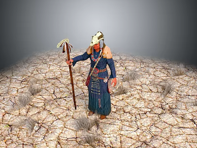 Man In Traditional Clothing With Headdress Holding Decorative Staff On Cracked Earth 3d model