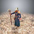 Man In Traditional Clothing With Headdress Holding Decorative Staff On Cracked Earth