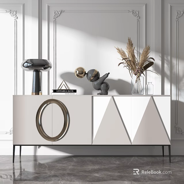 Modern White TV Stand With Geometric Design Gold Accents Table Lamp And Dried Pampas Grass 3d model 