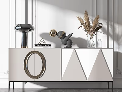 Modern White TV Stand With Geometric Design Gold Accents Table Lamp And Dried Pampas Grass 3d model