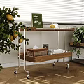 Modern Side Table with Transparent Top Wooden Shelf Metal Frame on Wheels Living Room