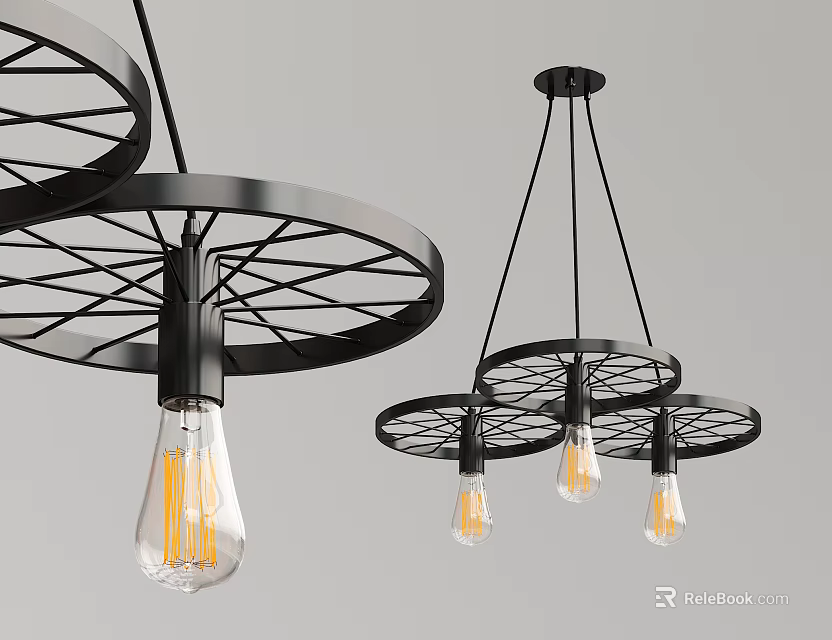 Modern Industrial Chandeliers With Black Wheel Shaped Frame And Transparent Filament Bulbs 3d model 