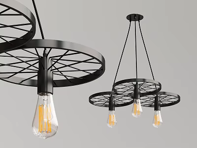 Modern Industrial Chandeliers With Black Wheel Shaped Frame And Transparent Filament Bulbs 3d model