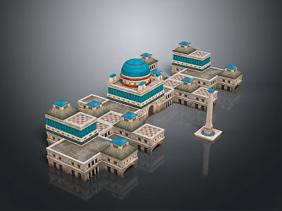 Ancient Architecture Complex With Blue Dome Traditional Roof And Symmetrical Courtyard Layout 3d model