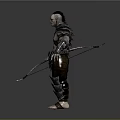 Muscular Bald Warrior With Armored Shoulders Arm Guards And Leather Pants Holding Sword