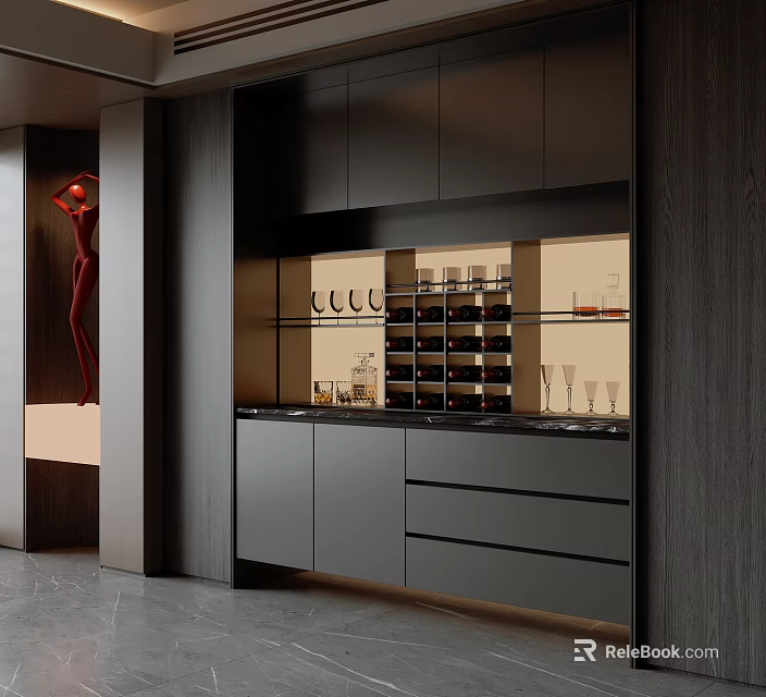 Modern Black Wine Cabinet With Glass Door Holding Wine Bottles And Glasses 3d model 