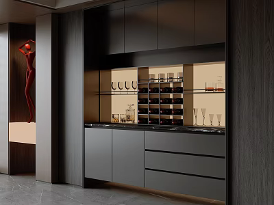 Modern Black Wine Cabinet With Glass Door Holding Wine Bottles And Glasses 3d model