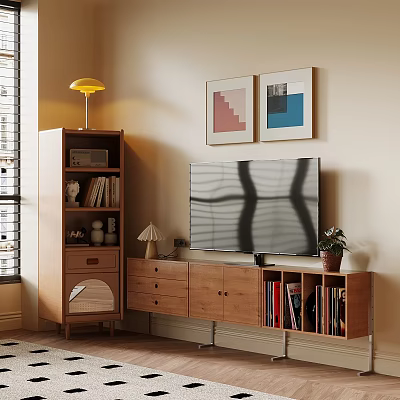 Wooden TV Stand With Bookshelf Decorations Table Lamp And Wall Art In Living Room 3d model
