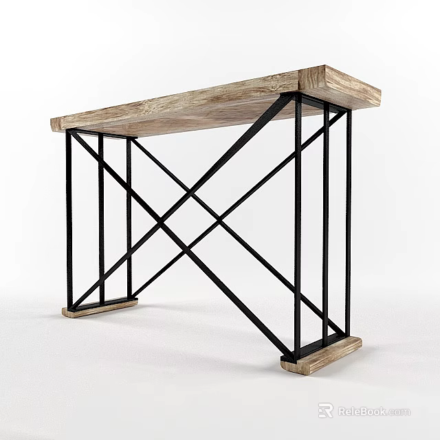 Modern Console Table With Wooden Top And Black Metal Cross Frame 3d model 