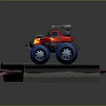 Red Monster Truck Featuring Large Blue Wheels And Roof Equipment On Display Platform Road Surface