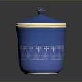 Blue Storage Jar With Gold Rim And Decorative Patterns For Home Use