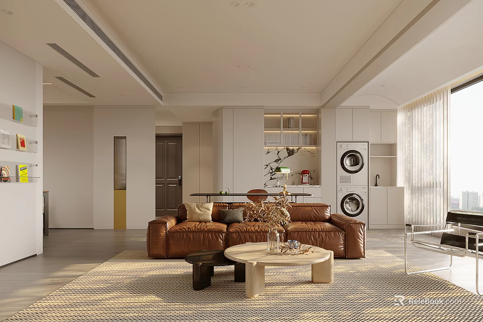 Living Dining Room Interior With Brown Leather Sofa Round Coffee Table And Patterned Rug 3d model