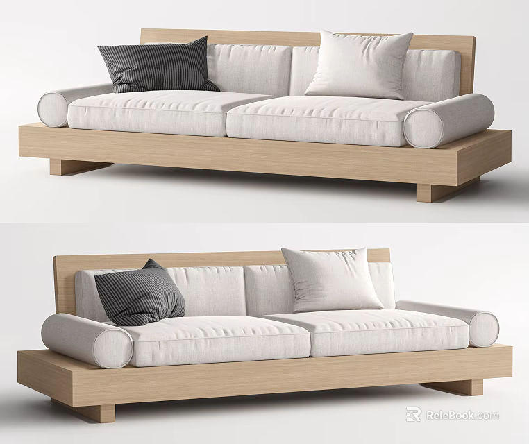 Modern Double Sofa With Wooden Frame White Cushions And Dark Throw Pillow 3d model 