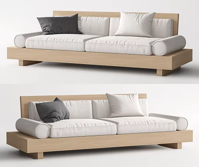 Modern Double Sofa With Wooden Frame White Cushions And Dark Throw Pillow 3d model