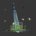 Fantasy Blue Purple Sword With Green Grass Platform And Falling White Leaves