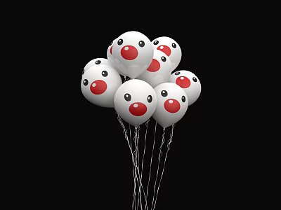 White Balloons With Red Smiling Faces Tied Together For Decorative Use 3d model