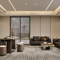 Modern Office Interior With Chinese Elements Office Desk Sofa Bookshelves Carpet And Lighting