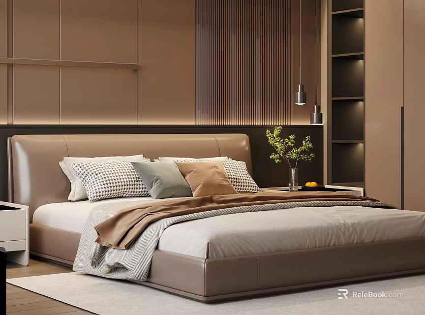 Double Bed with Leather Headboard Layered Bedding and Patterned Pillows in Modern Bedroom 3d model
