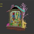 Plants Surrounding Small Wooden Cabin With Green Windows And Potted Flowers